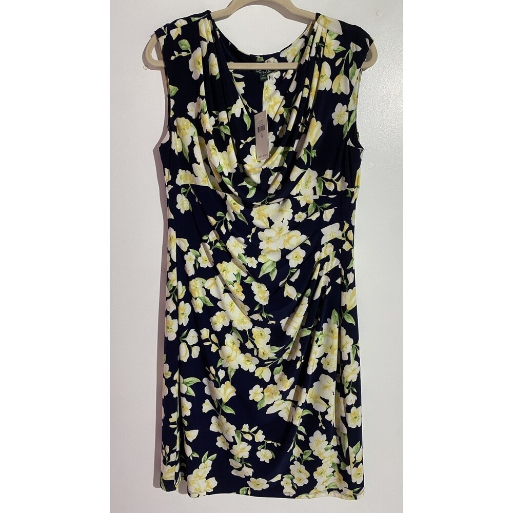 Ralph Lauren Dress 16 Blue Floral Slinky Knit Rushed Classy Cocktail Easter NWT